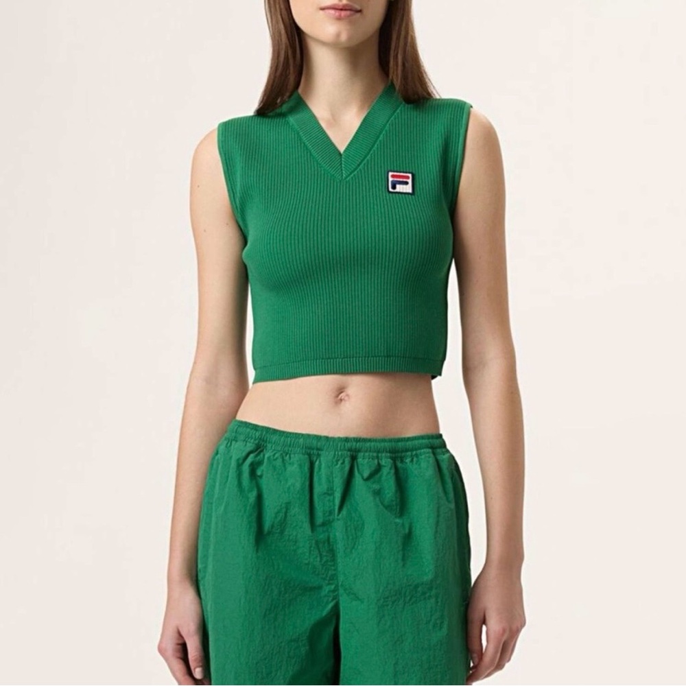 FILA x Hailey Bieber Ribbed V-Neck Baby Tank Top Green Size S NWT